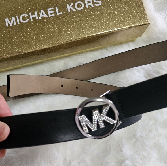 Michael Kors Black Leather Belt with Crystal MK Circle Buckle - Picture 4 of 5